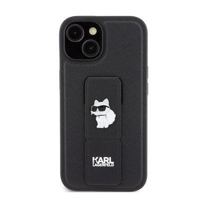 Karl Lagerfeld Gripstand Saffiano Choupette Pins – „iPhone 15 Plus“ dėklas (juodas)