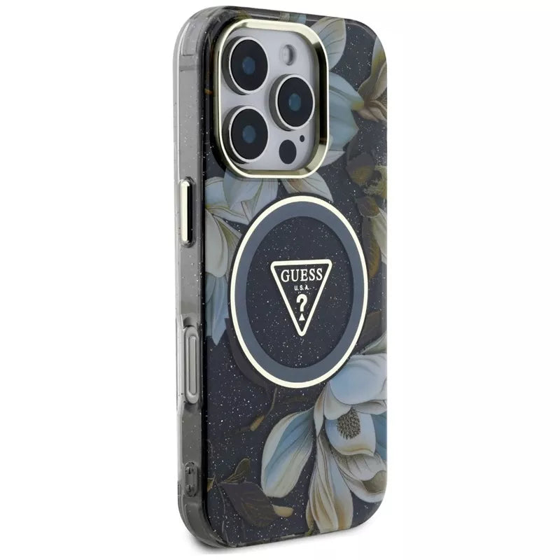 Guess Glitter Flowers Triangle Buttons MagSafe - Dėklas, skirtas iPhone 16 Pro Max (juodas)