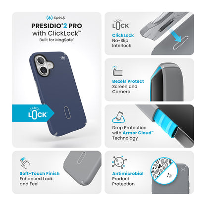 Speck Presidio2 Pro ClickLock & MagSafe – Dėklas, skirtas „iPhone 16“ (Pakrantės mėlyna / Dulkių pilka / Balta)