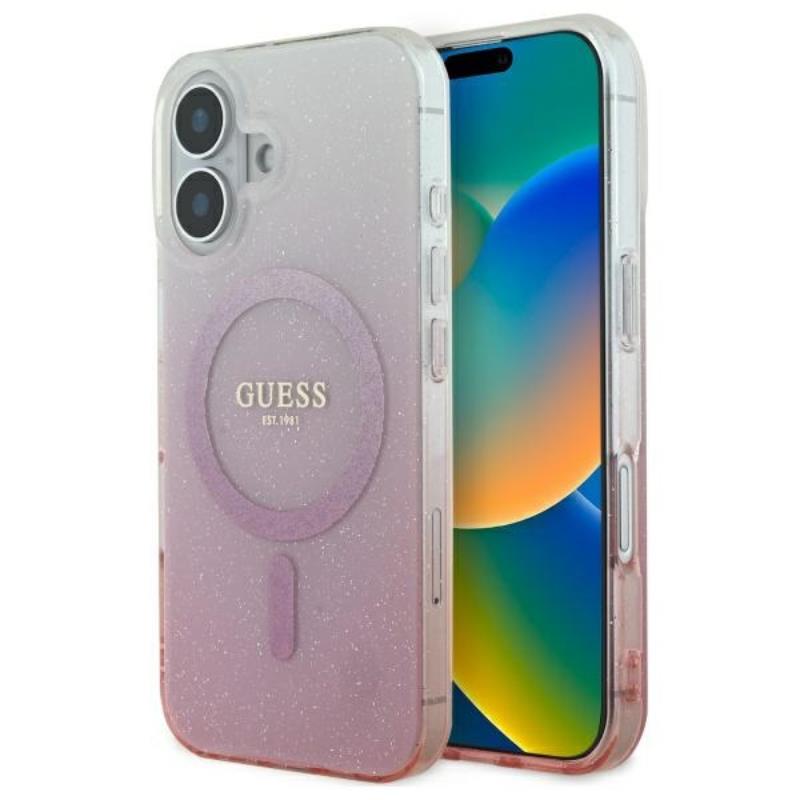 Guess IML Glitter Gradient MagSafe – dėklas, skirtas iPhone 16 (rožinis)