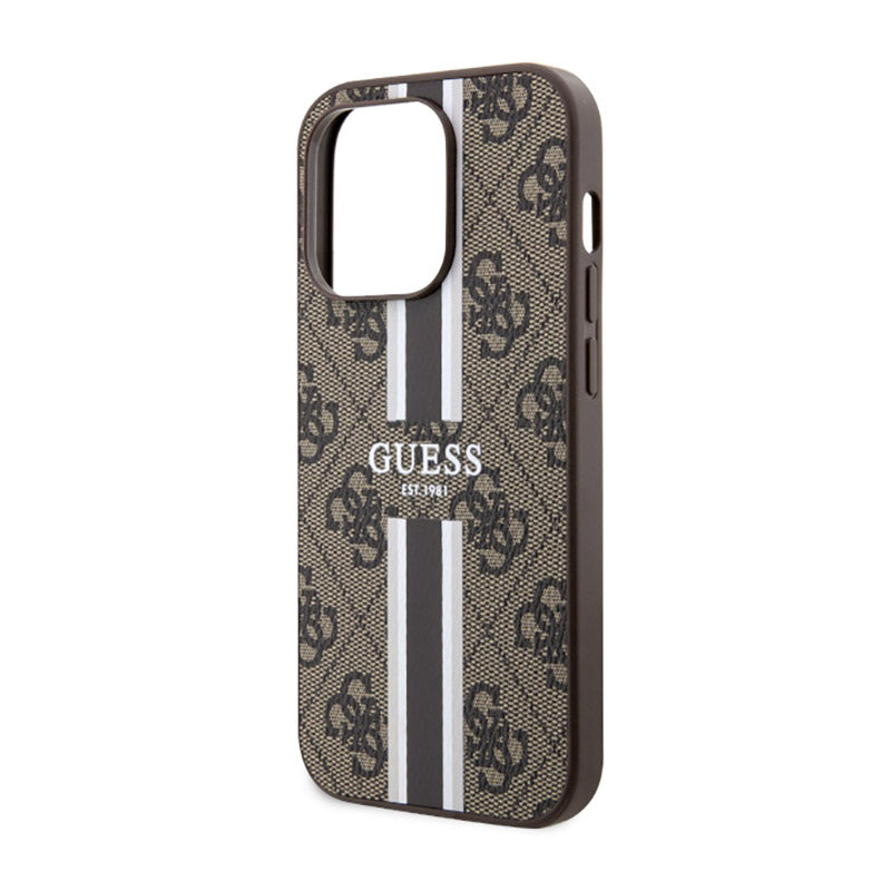 Guess 4G Printed Stripes MagSafe – Dėklas, skirtas iPhone 14 Pro (rudas)