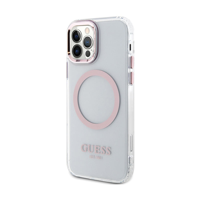 Guess Metal Outline MagSafe – „iPhone 12“ / „iPhone 12 Pro“ dėklas (permatomas / rožinis)