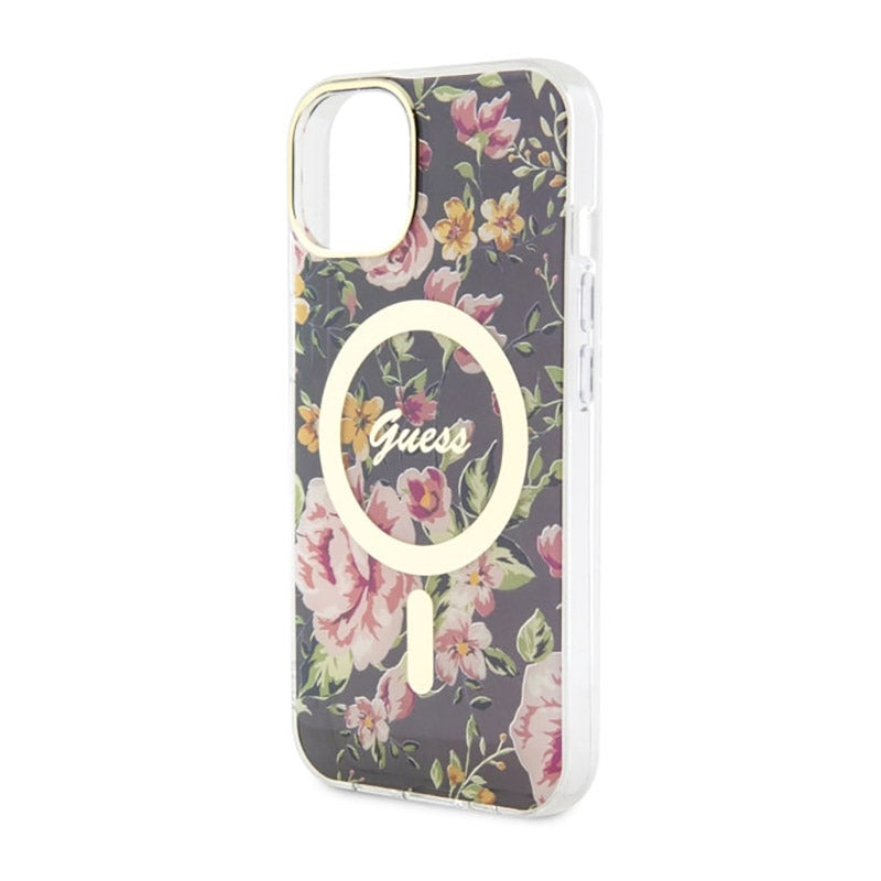 Guess Flower MagSafe – dėklas iPhone 14 Plus (juoda)