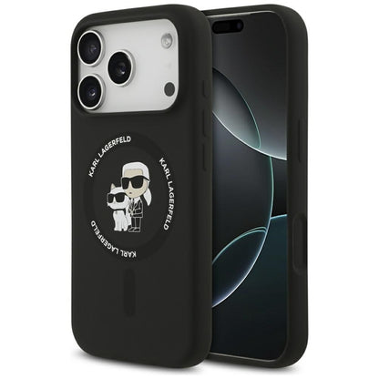 Silikoninis dėklas iPhone 17 Pro su Karl & Choupette žiedu MagSafe (juodas) - Karl Lagerfeld