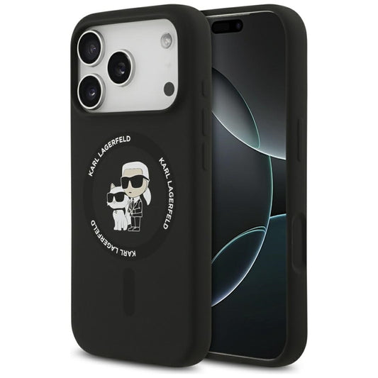 Silikoninis dėklas iPhone 17 Pro su Karl & Choupette žiedu MagSafe (juodas) - Karl Lagerfeld