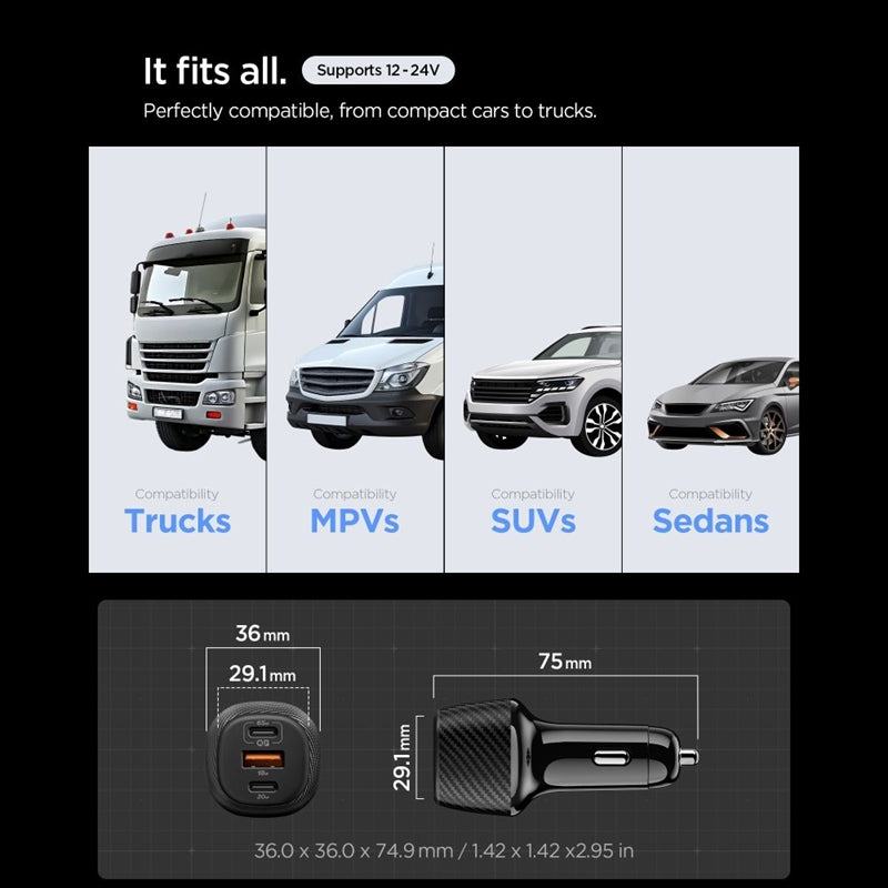 Spigen Essential EV1133 – Automobilinis įkroviklis, 2xUSB-C PD & USB-A QC3.0 113W + 100W USB-C laidas 1m (juodas)