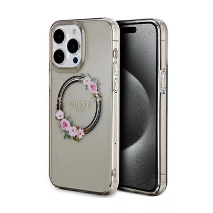 Guess IML Flowers Wreath MagSafe – dėklas iPhone 15 Pro Max (juodas)