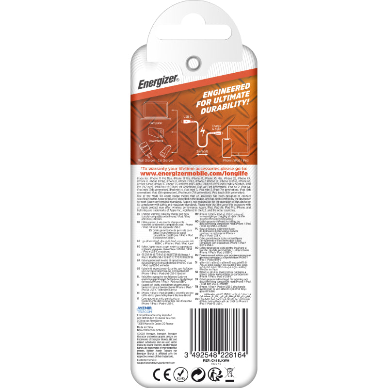 Energizer HardCase - USB-C į Lightning jungties kabelis MFi sertifikuotas 1.2m (Baltas)