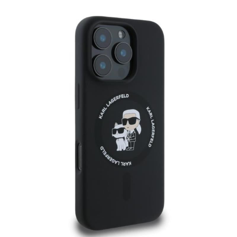 Karl Lagerfeld Silikoninis Karl & Choupette Žiedas MagSafe dėklas iPhone 16 Pro Max (juodas)