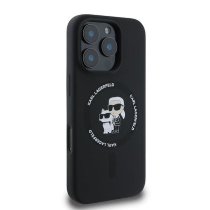 Karl Lagerfeld Silikoninis Karl & Choupette Žiedas MagSafe dėklas iPhone 16 Pro Max (juodas)