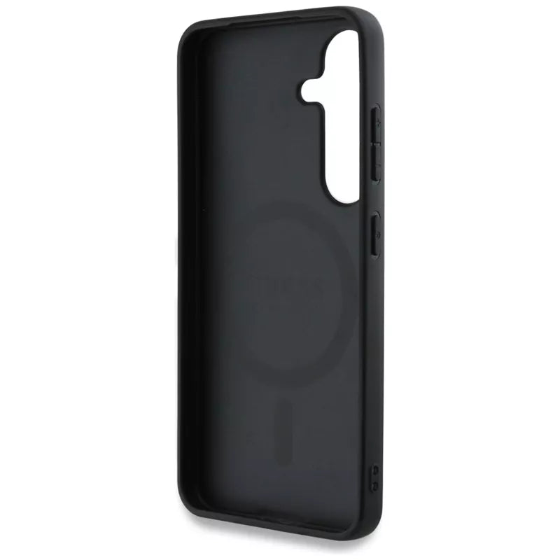 Guess 4G atspausdintas dėklas su spalvotu bijūnų raštu, MagSafe – Samsung Galaxy S25 (rudos spalvos)