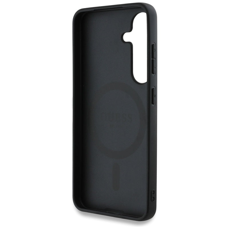 Guess 4G atspausdintas dėklas su spalvotu bijūnų raštu, MagSafe – Samsung Galaxy S25 (rudos spalvos)