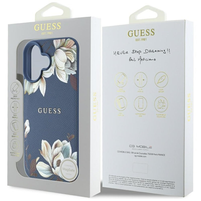 Guess MagSafe dėklas, skirtas iPhone 16 su grūdėta gėlių spauda (mėlynas)