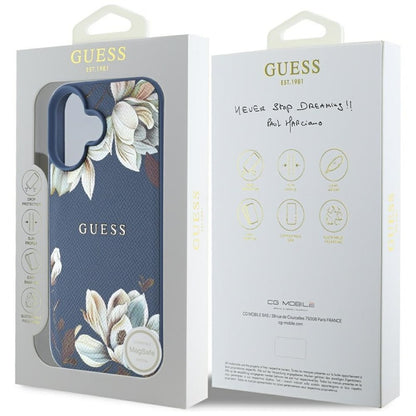 Guess MagSafe dėklas, skirtas iPhone 16 su grūdėta gėlių spauda (mėlynas)