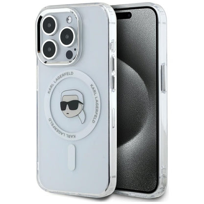 Karl Lagerfeld IML Metal Karl Head MagSafe - dėklas, skirtas iPhone 15 Pro Max (baltas)