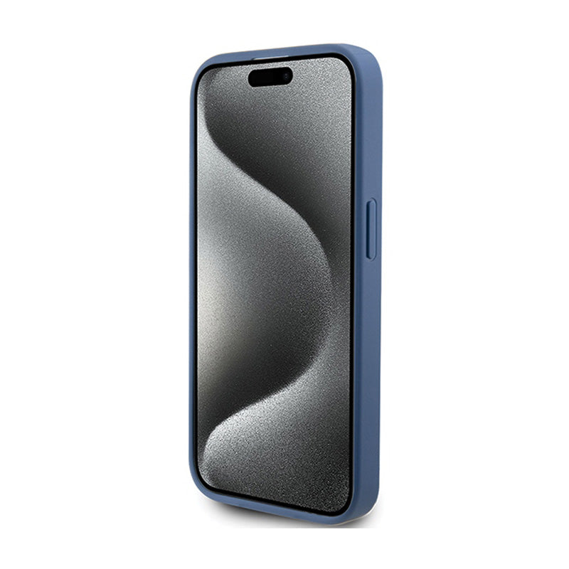 Guess 4G Bottom Stripe Metal Logo Collection - dėklas, skirtas „iPhone 15 Pro“ (mėlyna)