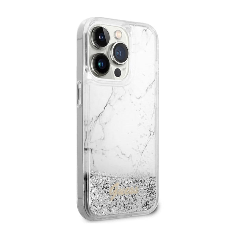 Guess Liquid Glitter Marble – Dėklas, skirtas iPhone 14 Pro Max (baltas)