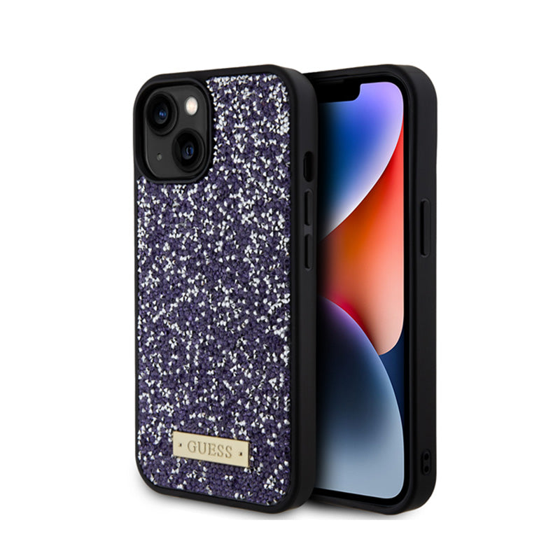 Guess dėklas iPhone 15 su metaliniu logotipu ir cirkonio akmenėliais (rožinis)