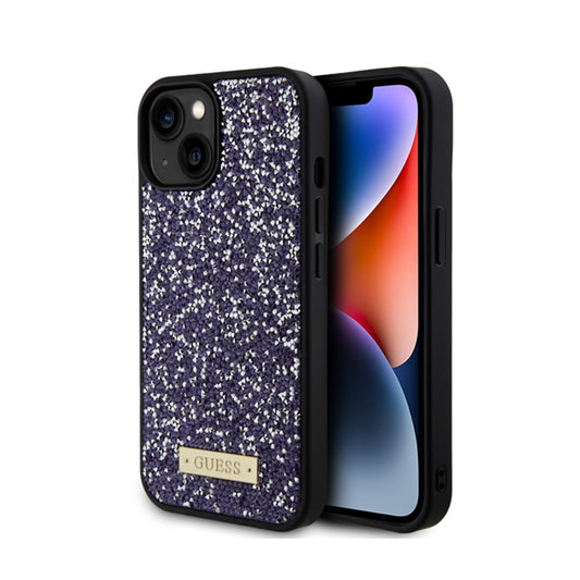 Guess dėklas iPhone 15 su metaliniu logotipu ir cirkonio akmenėliais (rožinis)