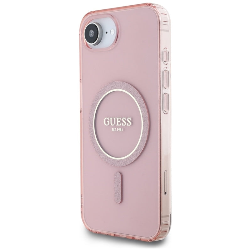 Guess IML Glitter Circle MagSafe – dėklas, skirtas iPhone 16e (rožinis)