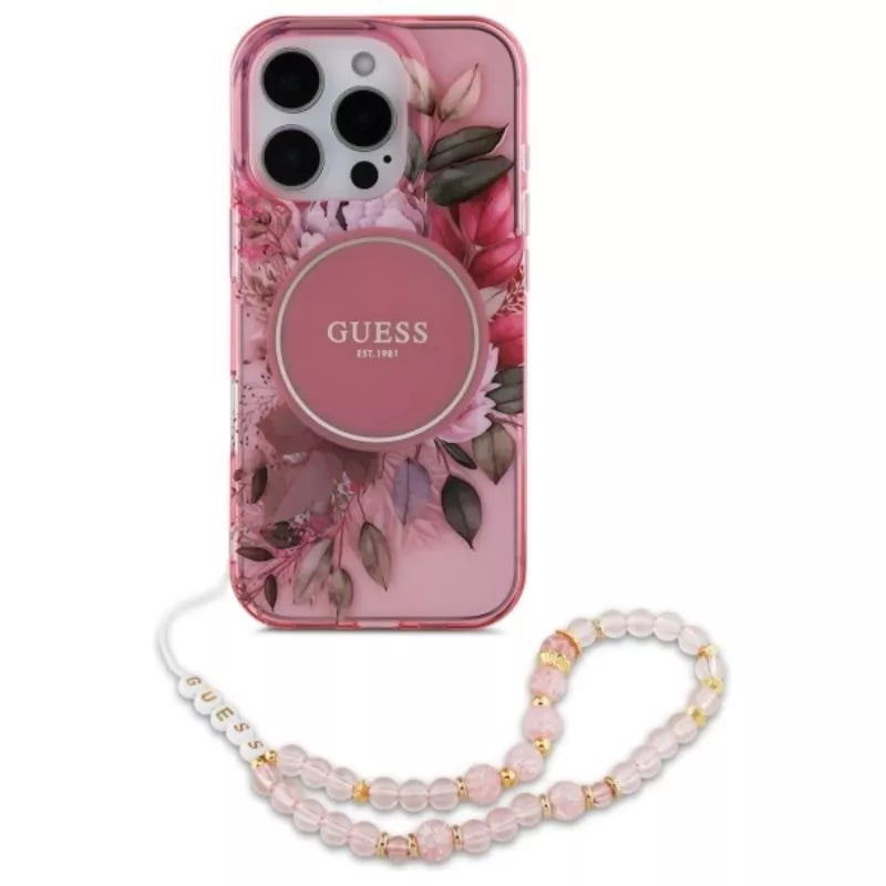 Guess IML Gėlės su Perliniu Dirželiu MagSafe – Dėklas, skirtas iPhone 16 Pro Max (Rožinis)