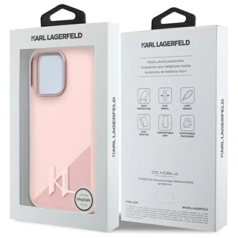 Karl Lagerfeld Silikoninis Shadow Metal Initial MagSafe dėklas iPhone 16 Pro (rožinis)