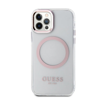 Guess Metal Outline MagSafe – „iPhone 12“ / „iPhone 12 Pro“ dėklas (permatomas / rožinis)