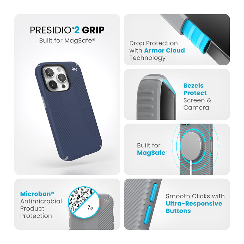 Speck Presidio2 Grip Magsafe – „iPhone 15 Pro“ dėklas (pakrantės mėlyna / dulkių pilka / balta)