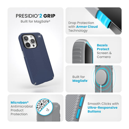 Speck Presidio2 Grip Magsafe – „iPhone 15 Pro“ dėklas (pakrantės mėlyna / dulkių pilka / balta)