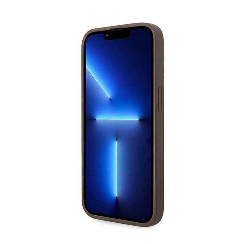 Guess 4G Bottom Stripe Metal Logo Collection – Dėklas, skirtas iPhone 14 Pro (rudas)