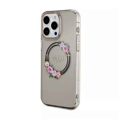Guess IML Flowers Wreath MagSafe – dėklas iPhone 15 Pro Max (juodas)
