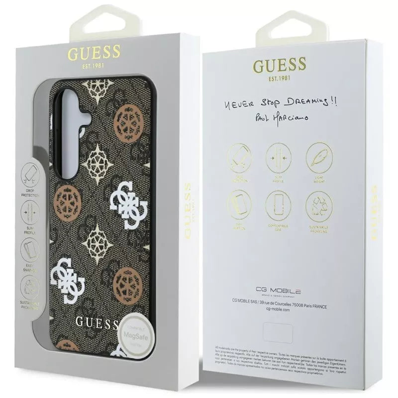 Guess 4G atspausdintas dėklas su spalvotu bijūnų raštu, MagSafe – Samsung Galaxy S25 (rudos spalvos)