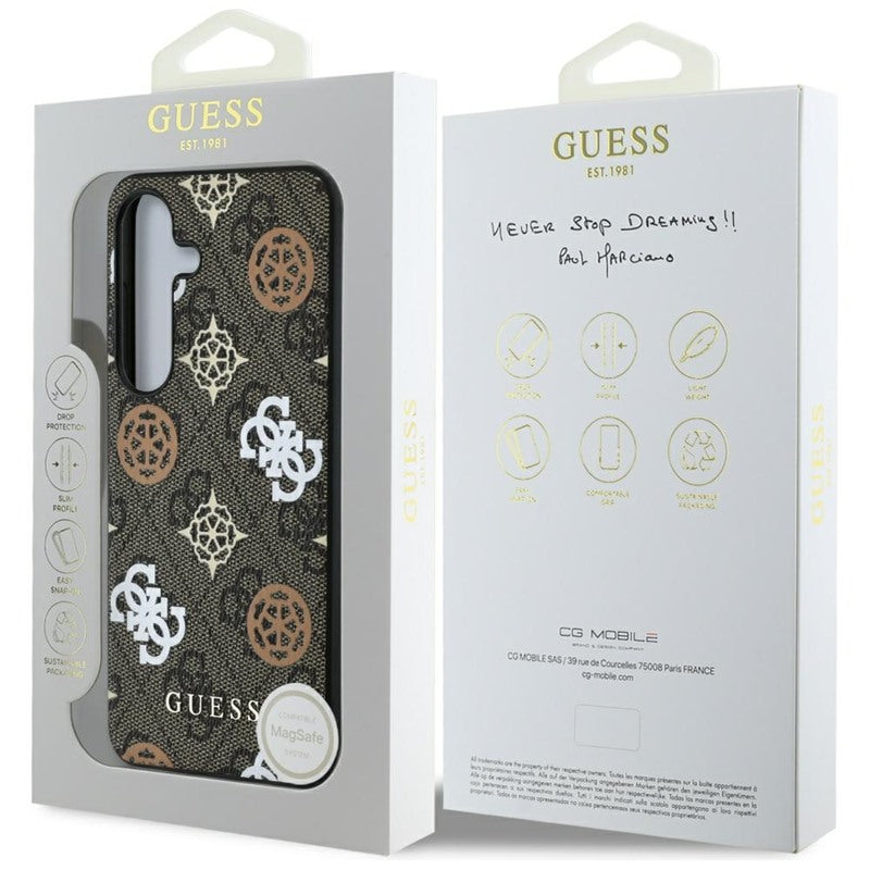 Guess 4G atspausdintas dėklas su spalvotu bijūnų raštu, MagSafe – Samsung Galaxy S25 (rudos spalvos)