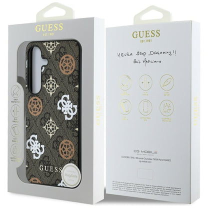 Guess 4G atspausdintas dėklas su spalvotu bijūnų raštu, MagSafe – Samsung Galaxy S25 (rudos spalvos)
