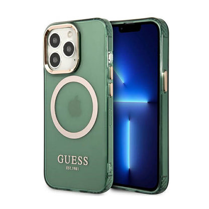 Guess Gold Outline Translucent MagSafe – dėklas, skirtas iPhone 13 Pro (žalias)