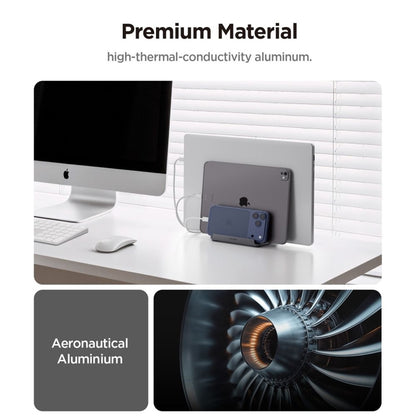 Spigen LD208S4 vertikalus nešiojamojo kompiuterio stovas – aliumininis organizatorius/stovas 4 įrenginiams (Space Gray)