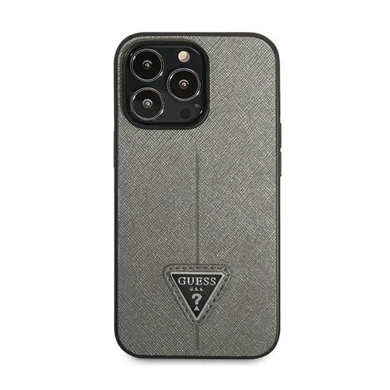Guess Saffiano Triangle Logo dėklas – dėklas, skirtas iPhone 14 Pro Max (sidabrinis)