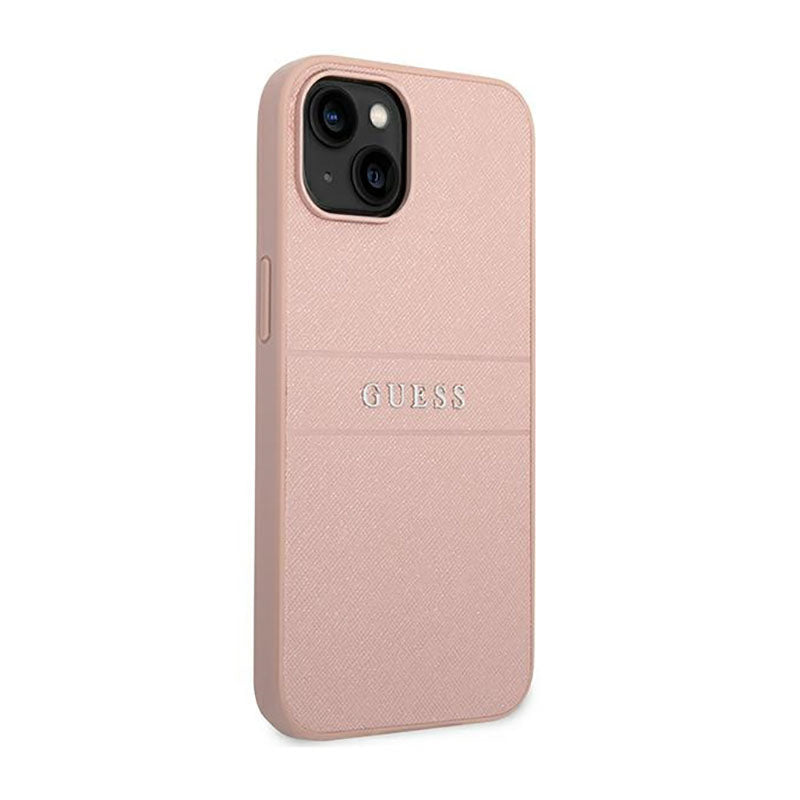 Guess Saffiano Metal Logo Stripes – dėklas, skirtas iPhone 14 Plus (rožinis)