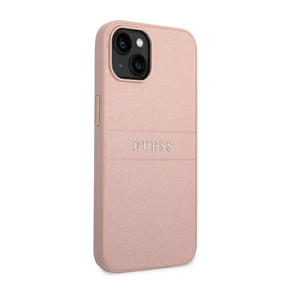 Guess Saffiano Metal Logo Stripes – dėklas, skirtas iPhone 14 Plus (rožinis)