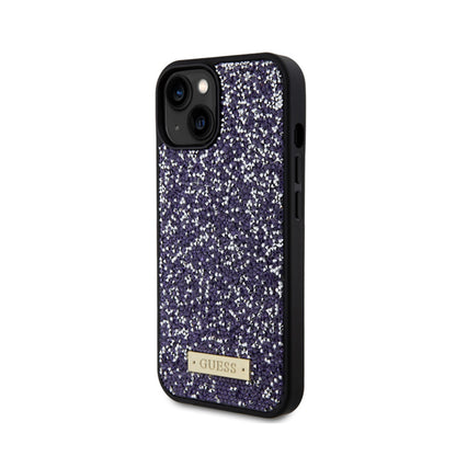 Guess dėklas iPhone 15 su metaliniu logotipu ir cirkonio akmenėliais (rožinis)