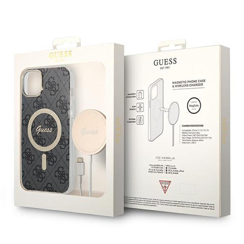 Guess Bundle Pack MagSafe 4G – dėklas „iPhone 14“ ir „MagSafe“ įkroviklis (juodas/auksinis)