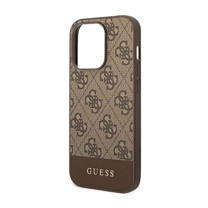 Guess 4G Bottom Stripe Metal Logo Collection – Dėklas, skirtas iPhone 14 Pro (rudas)