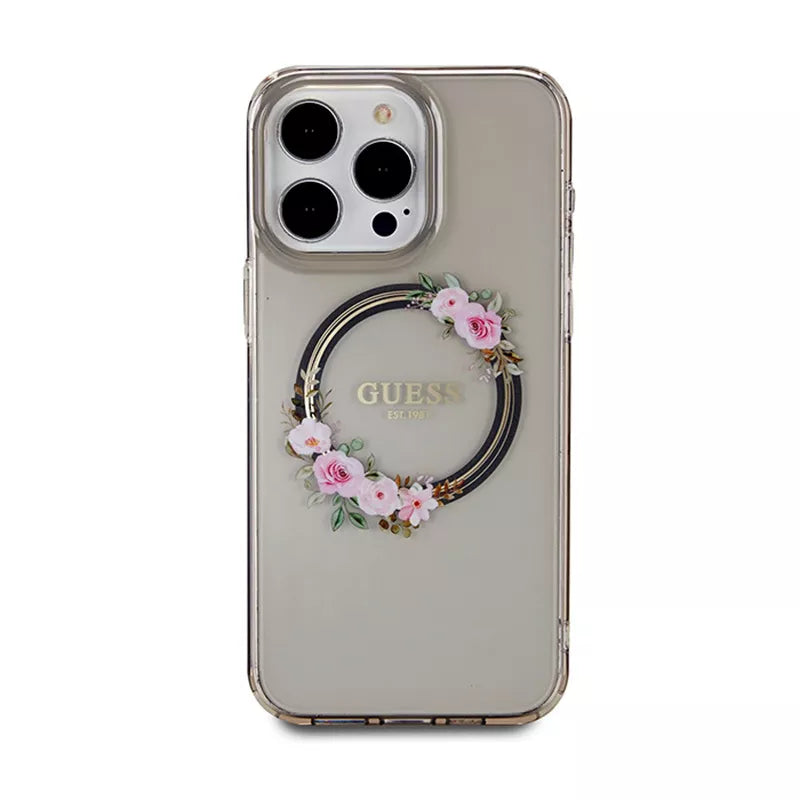 Guess IML Flowers Wreath MagSafe – dėklas iPhone 15 Pro Max (juodas)