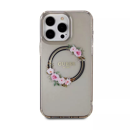 Guess IML Flowers Wreath MagSafe – dėklas iPhone 15 Pro Max (juodas)