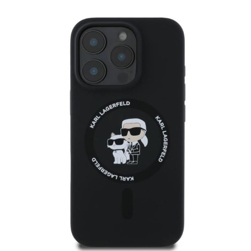 Karl Lagerfeld Silikoninis Karl & Choupette Žiedas MagSafe dėklas iPhone 16 Pro Max (juodas)