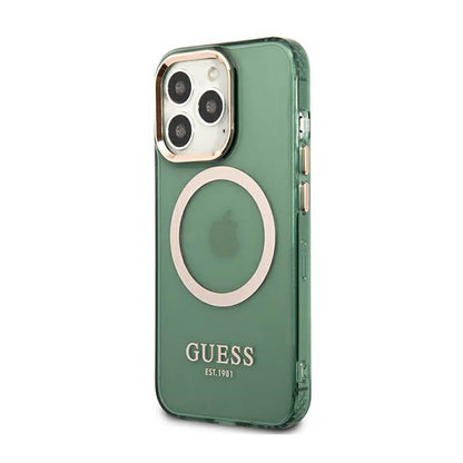 Guess Gold Outline Translucent MagSafe – dėklas, skirtas iPhone 13 Pro (žalias)