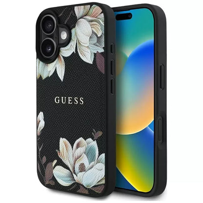 Guess Grained Printed Flower Pattern MagSafe - dėklas iPhone 16 (juodas)
