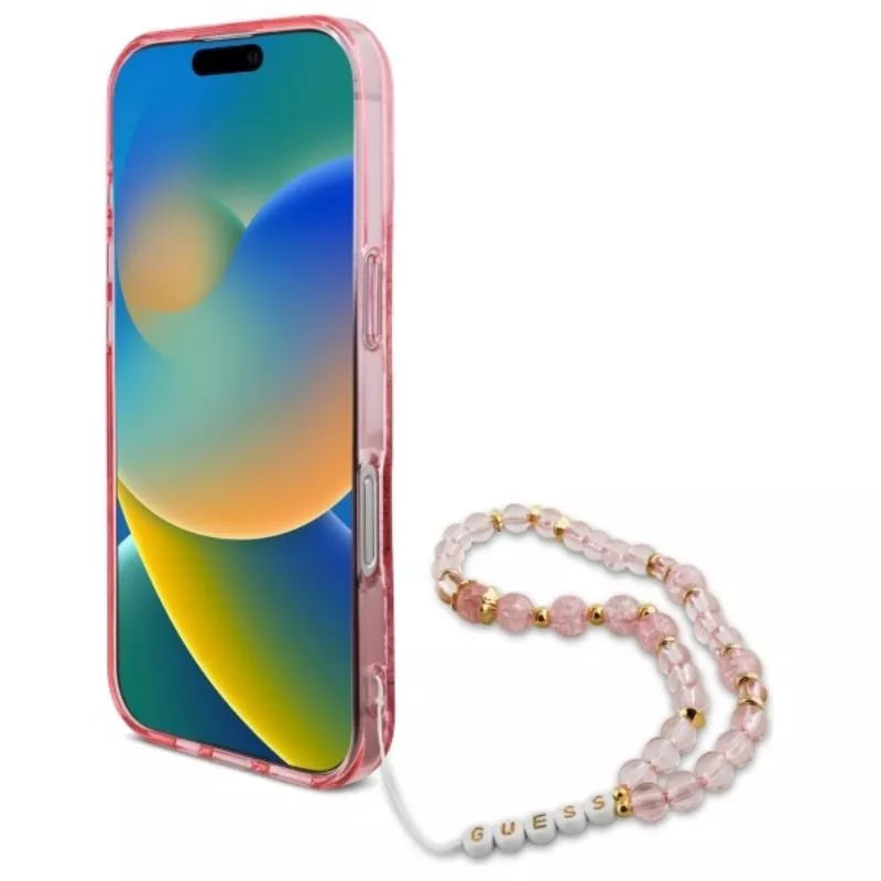Guess IML Gėlės su Perliniu Dirželiu MagSafe – Dėklas, skirtas iPhone 16 Pro Max (Rožinis)