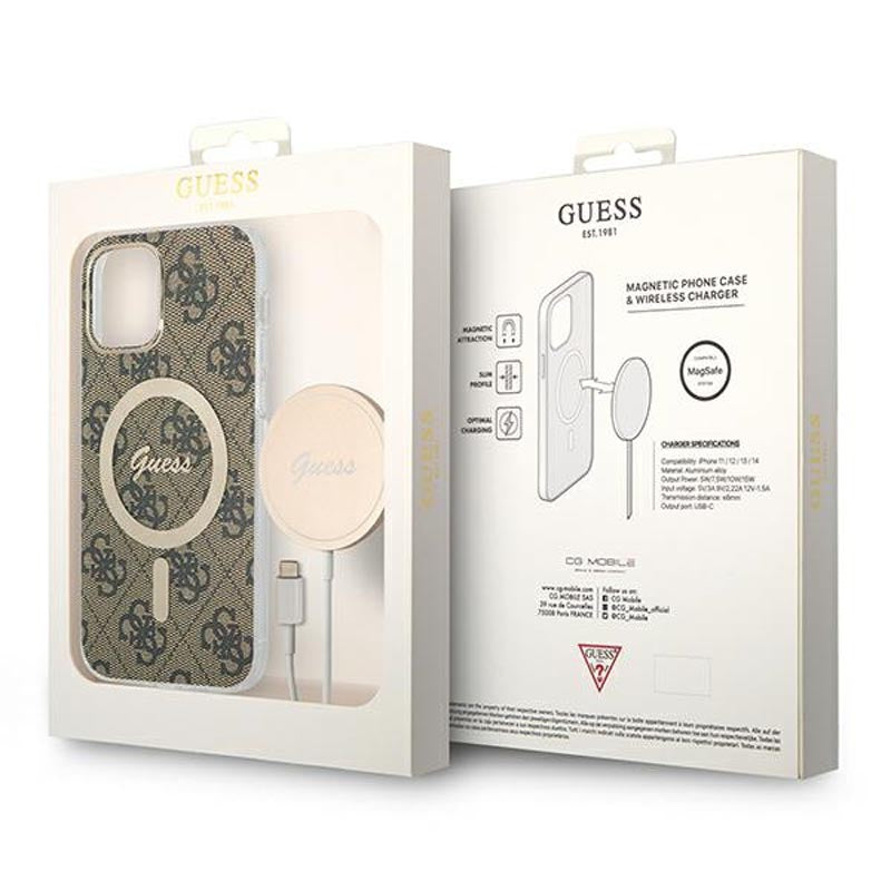 Guess Bundle Pack MagSafe 4G – rinkinys, skirtas iPhone 12 / iPhone 12 Pro + „MagSafe“ įkroviklis (ruda/auksinė)