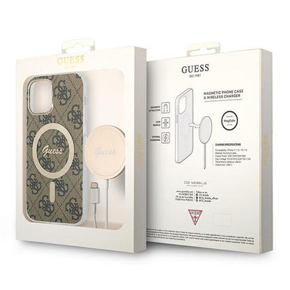 Guess Bundle Pack MagSafe 4G – rinkinys, skirtas iPhone 12 / iPhone 12 Pro + „MagSafe“ įkroviklis (ruda/auksinė)